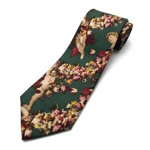 Audrey Buckner Silk Tie Green Cherub Floral Art Print Mens Necktie Vintage 90s